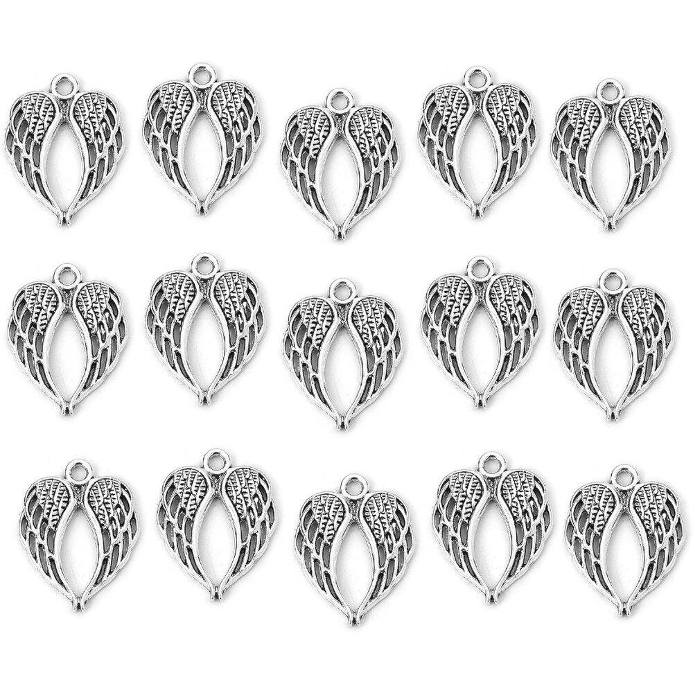 Angel Wings Pendant Charm - 48 Pack Antique Silver Tone for DIY Jewelry Making S
